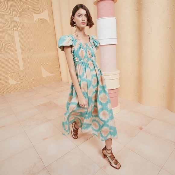 Ulla Johnson Dresses & Skirts - Ulla Johnson Nanette Dress 0 Green Orange Tie Dye Cotton Flutter‎ Sleeve Midi